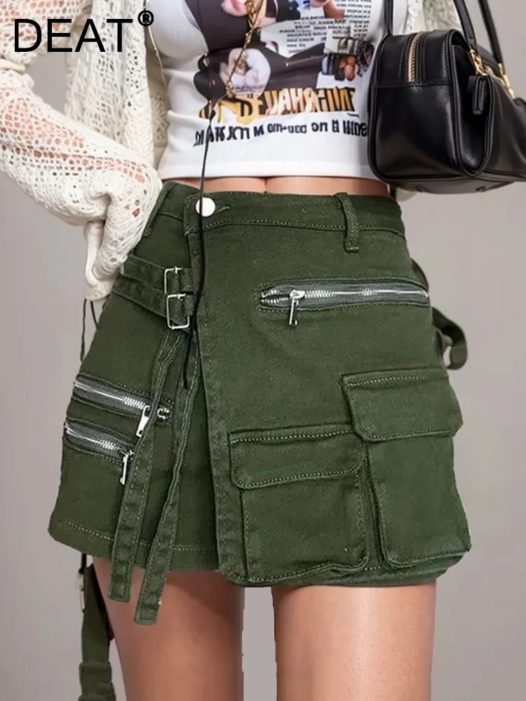 DEAT Fashion Trend Cargo Pocket Design Denim Skirt Women's Loose Leisure High Waist Mini Skirts Female 2023 Spring 11P03062