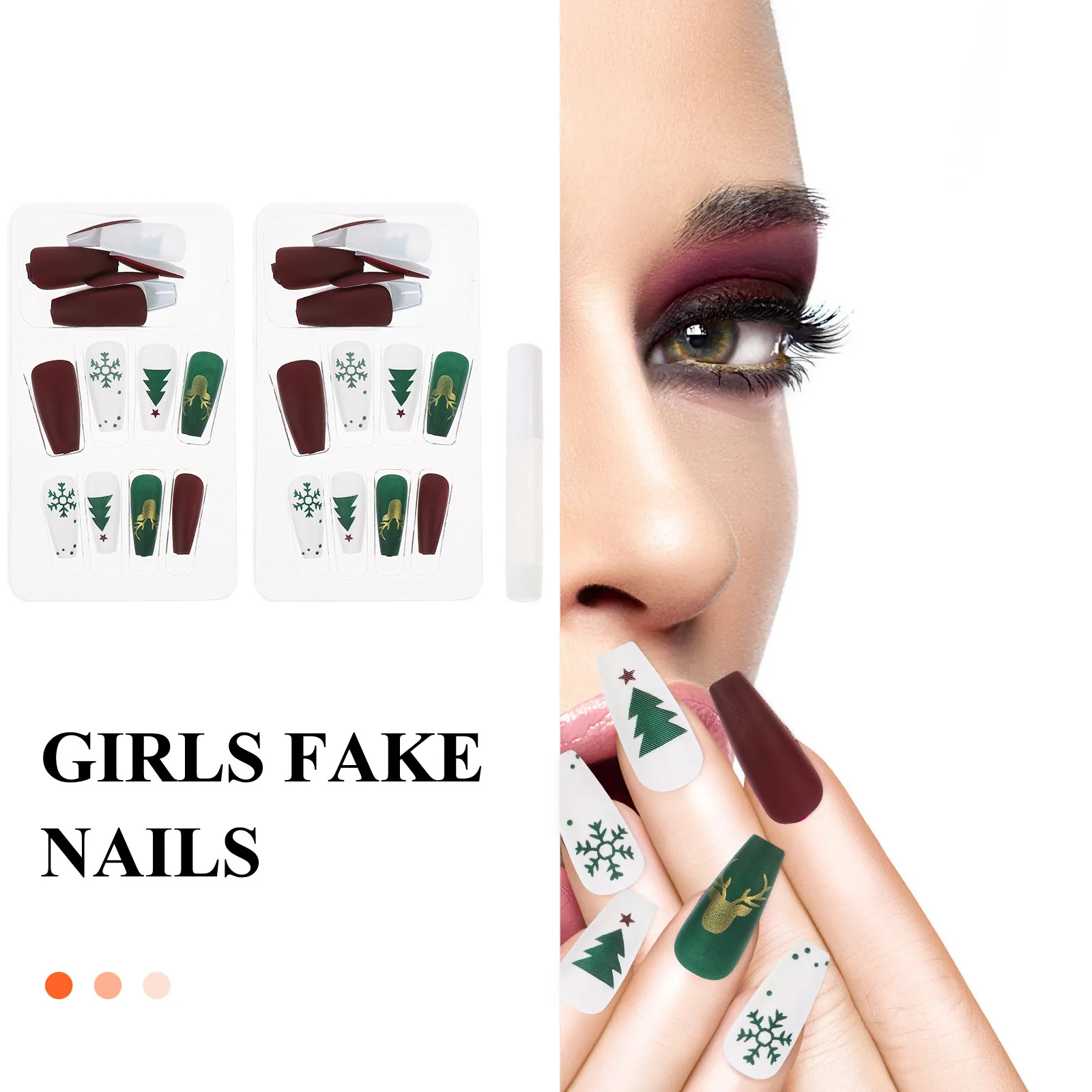 48Pcs Press on Nails Full Cover Fake Nails Christmas Artificial Fingernails Ballerina Coffin Design with Nail Glue for Manicure