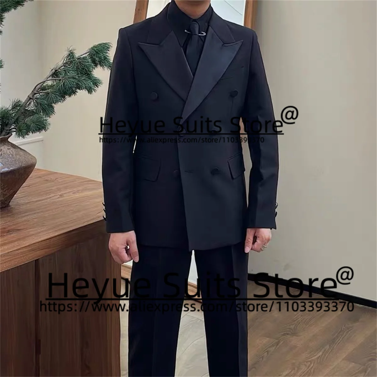 

Business Black Wedding Suits For Men Slim Fit Peak Lapel Groom Tuxedos Formal 2Pieces Sets Office Work Male Blazer Costume Homme