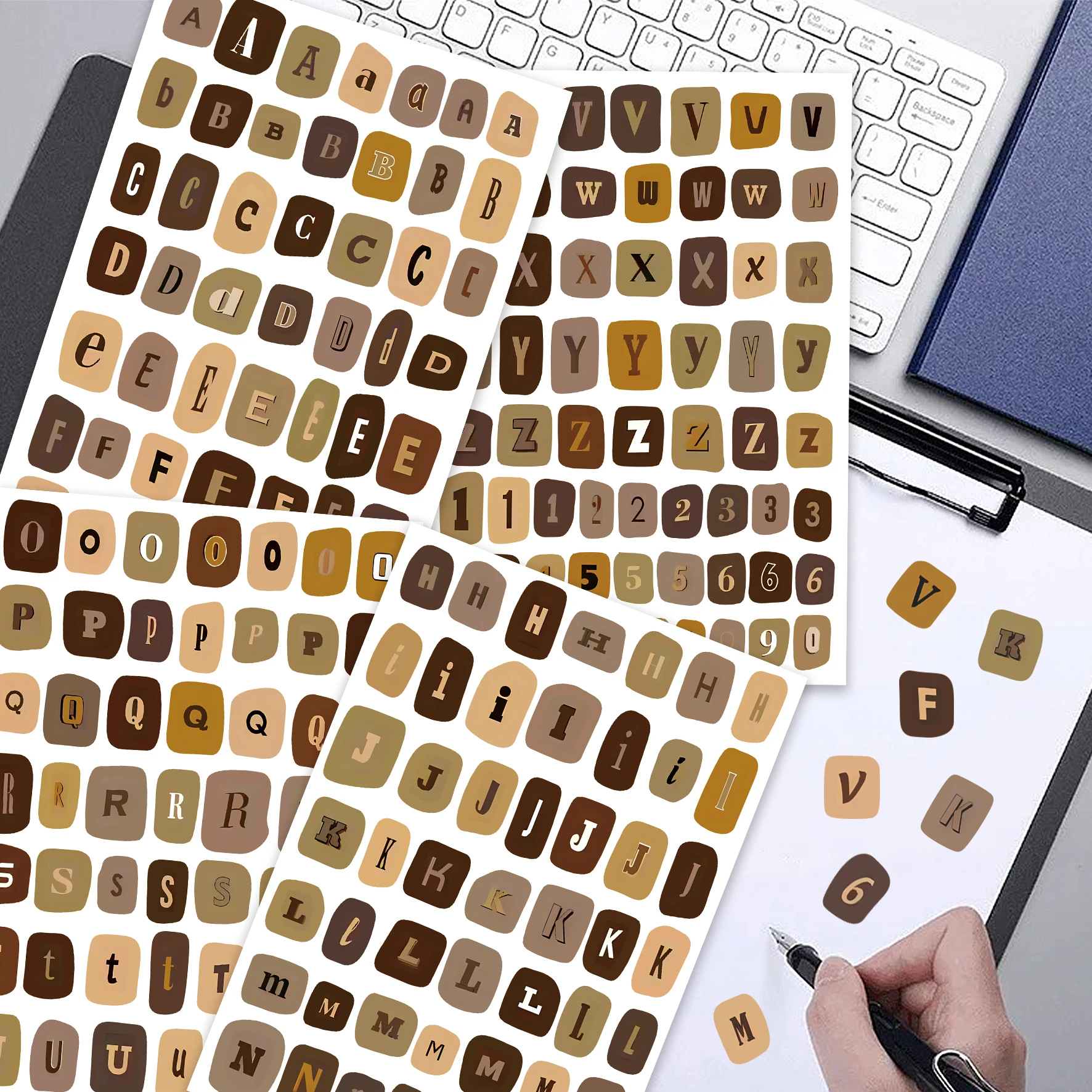 210pcs Boho Coffee Tone Letter Stickers Pack, Neutral Alphabet & Number Vinyl Decals for Tablet, Water Bottle & Gift Decor