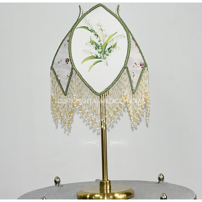 Medicci Home American Idyllic Green Lily Floral Lampshade Handmade Retro Velvet Sequins Decorative Lamp Cover For Dressing Table