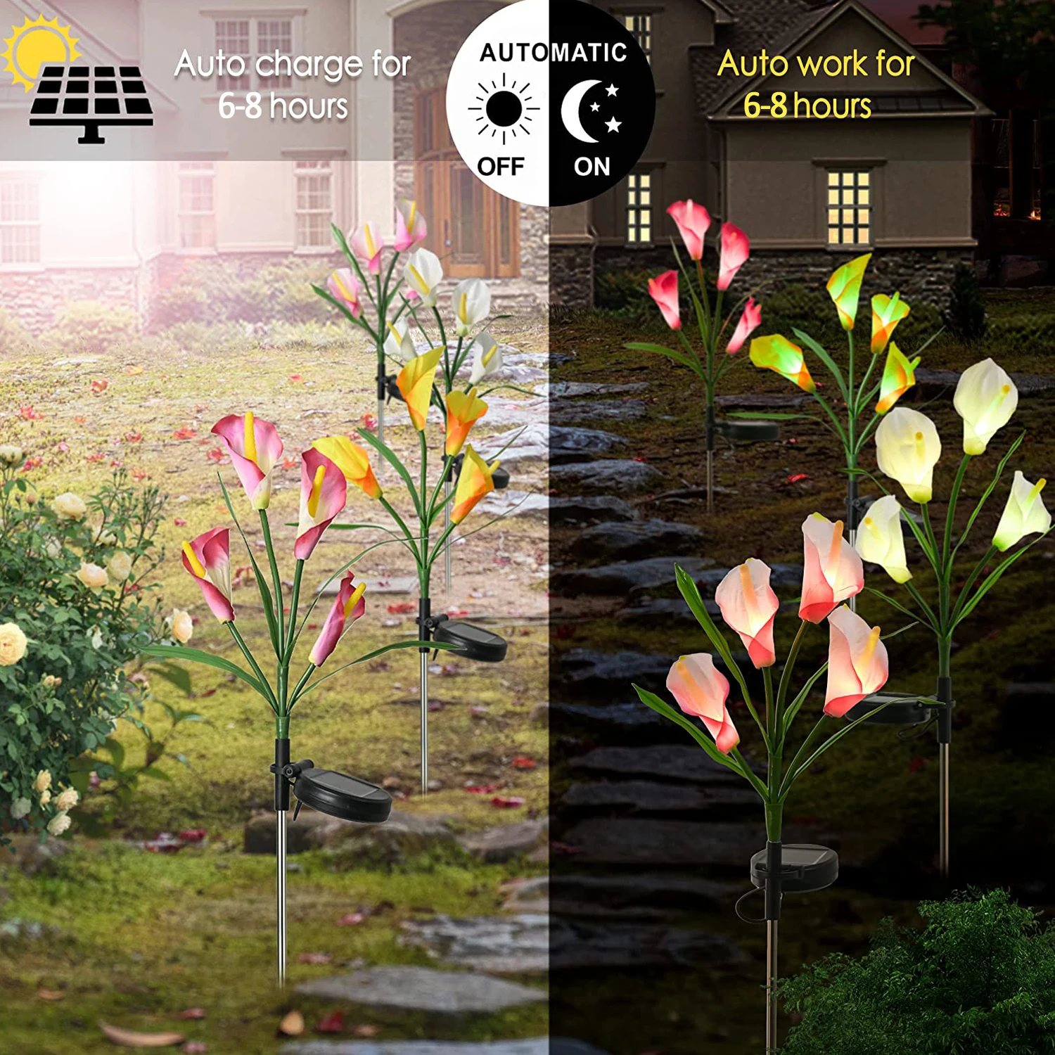 Solar Outdoor Garden Waterproof Stake Lights with 4 Calla Lily LED Flowers for Home Garden, Patio, Christmas Decoration