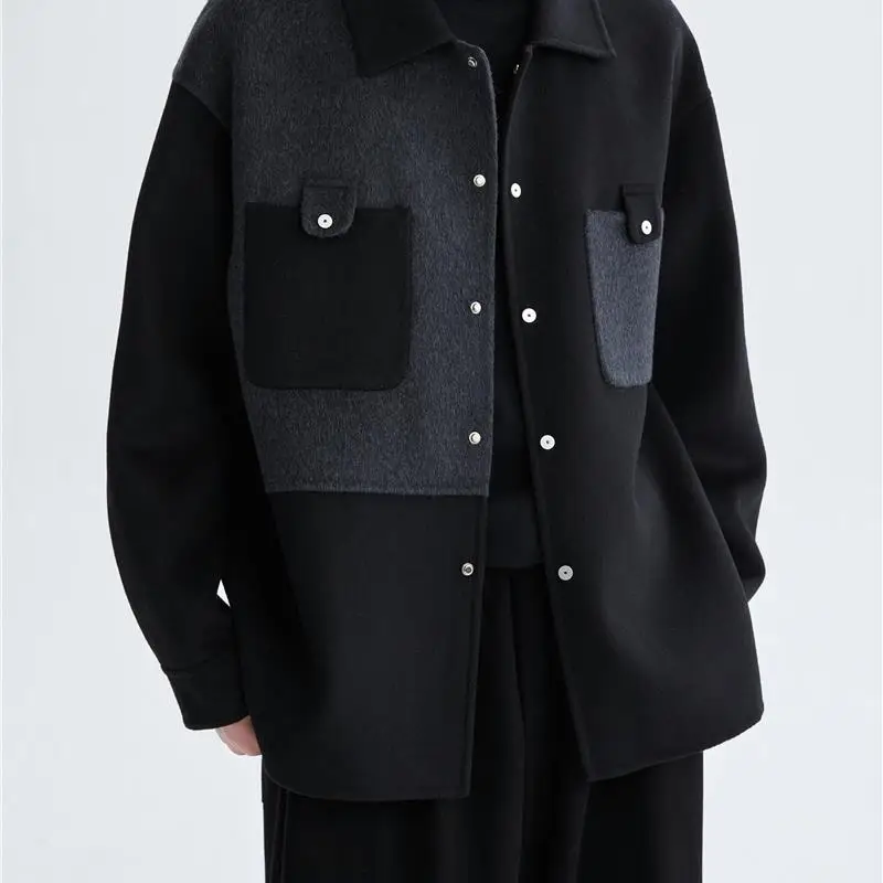 

Men's Double-Sided Woolen Casual Collar Jaet Sli Korean Sle Splicing Color Blo Warm Faionable Urban Look Coat