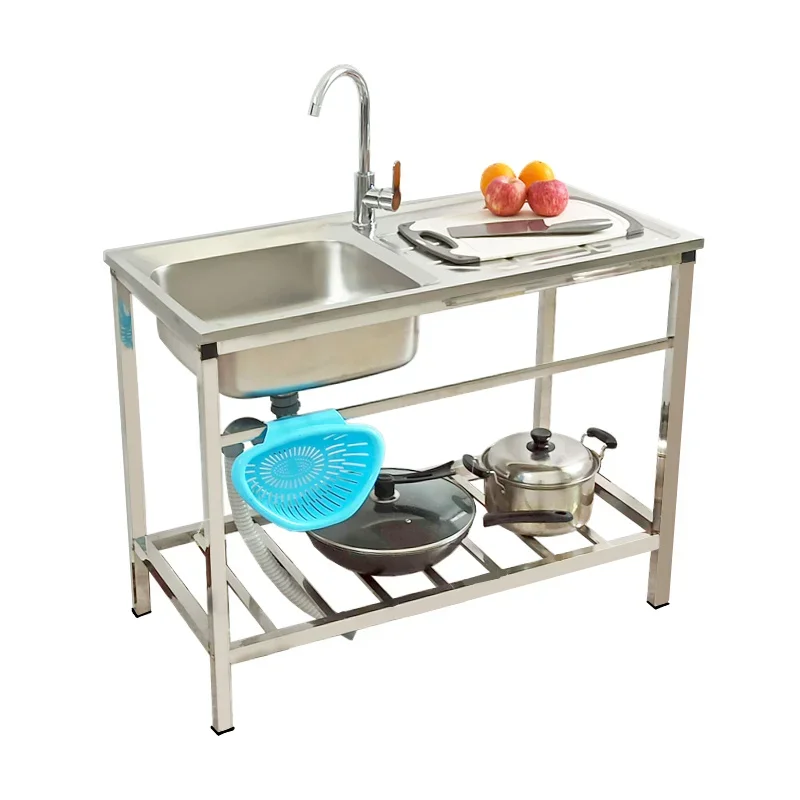 Kitchen stainless steel sink with bracket dishwashing sink No punching vegetable basin with platform vegetable washing pool rack