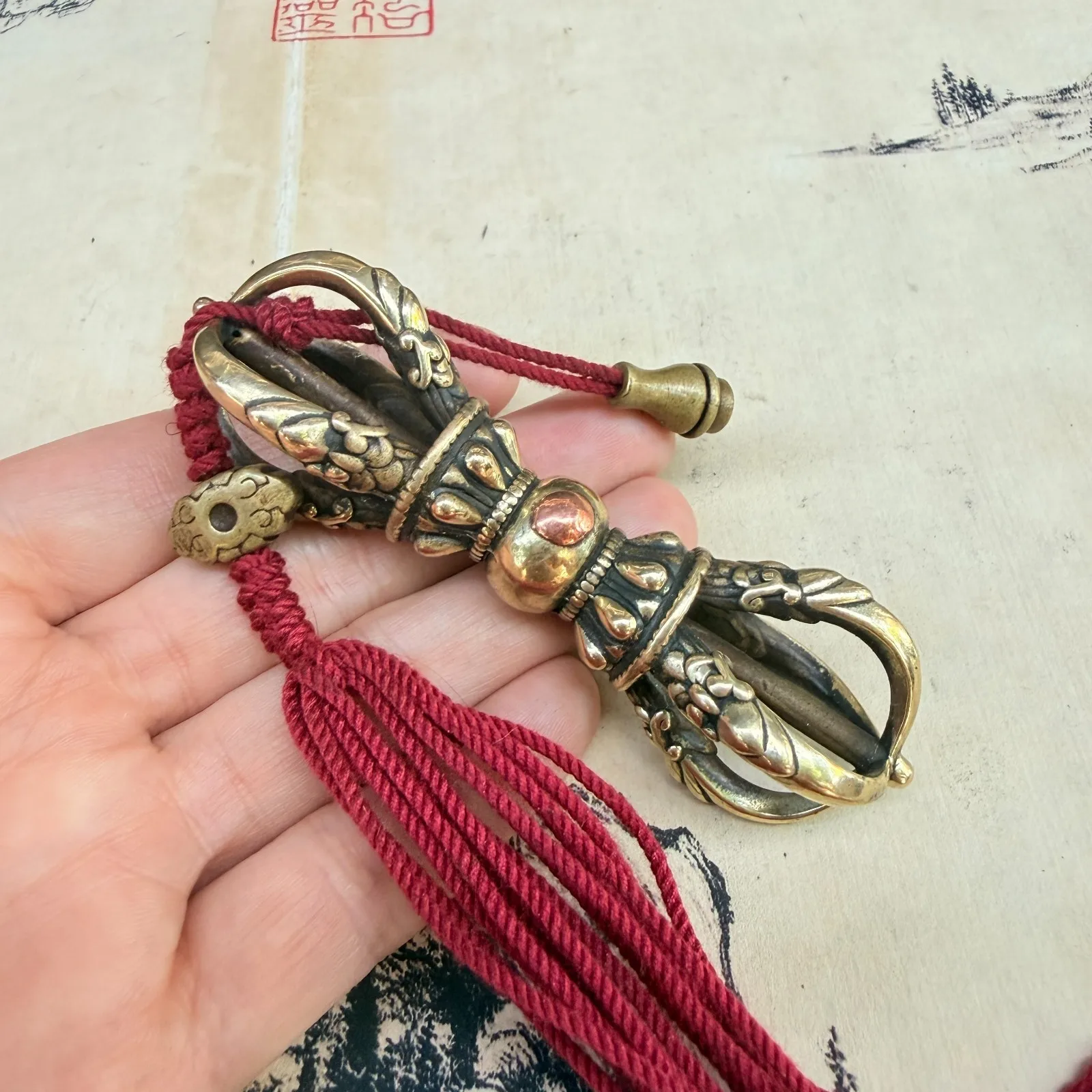 Old ChineseTibetan Buddhism Yellow Lima CopperFive stocks vajra Ritual implement