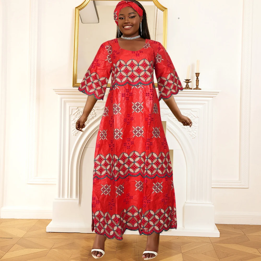 

H&D New African Dresses For Women Embroidery Bazin Red Dresses Ankara Rich Long Robes Nigeria Party Tradition Wedding Ramadan