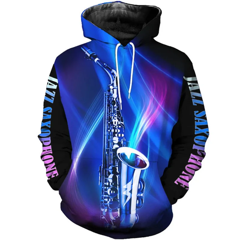 Men\'s Sax 3D Print Music Instruments Hoodie Fashion Long Sleeves Saxophone Graphic Pullovers Casual Long Sleeve Sweatshirts