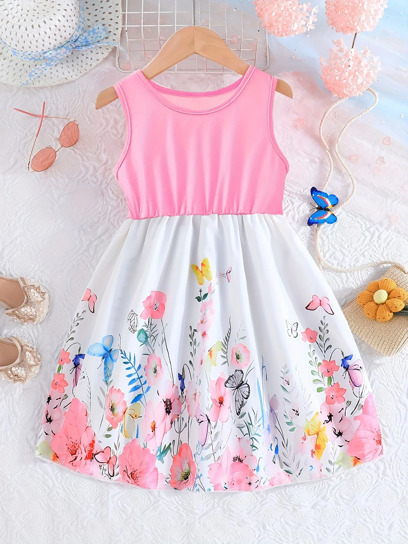 Flowers Pattern Girl\'s Sleeveless Dress, Spring & Summer Vacation Party Casual A-line Dresses, Gift