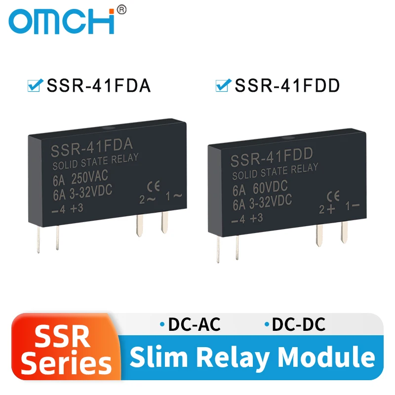 OMCH Thin Profile Solid State Relay Module 250VAC 3-32VDC 6A DC-AC DC-DC SSR Buffer Circuit Resistor Relay SSR-41FDA SSR-41FDD