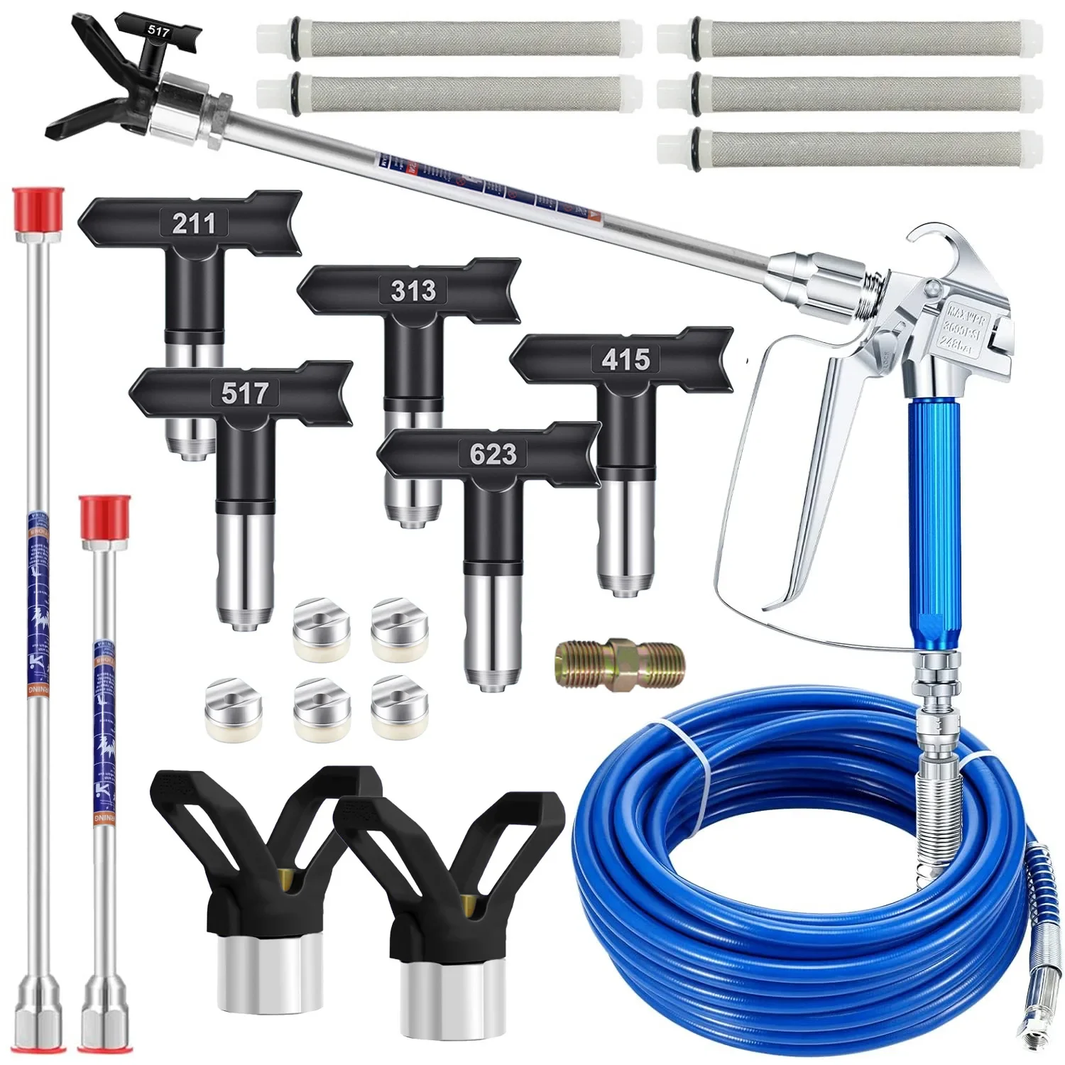 17-Piece Airless Paint Spray Gun Set, Swivel Joint, and 5PC Nozzle- Includes 2 Tip Guards, 5 Filters, and 2PC Extension Rods