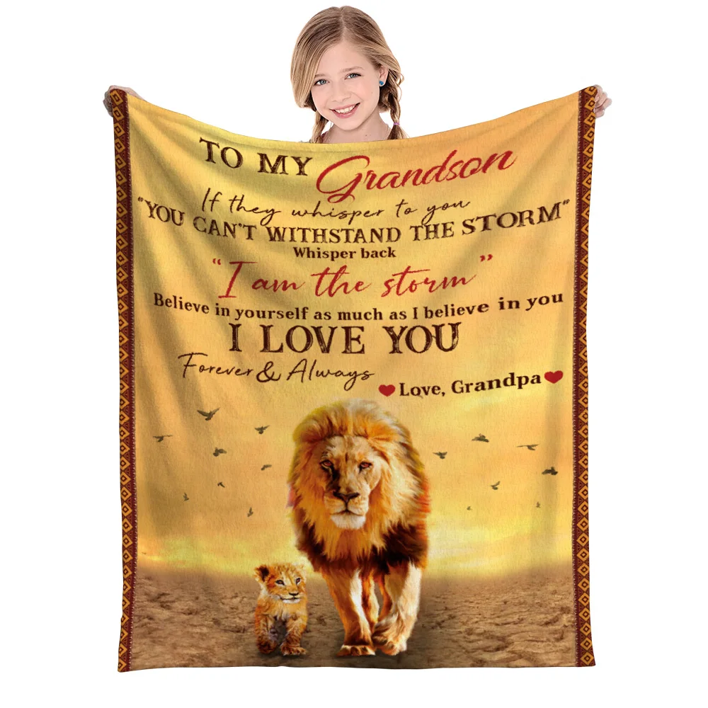 Grandpa gave my grandson, animal lion, comfortable lunch break blanket, suitable for office sofa, light and soft wool blanket