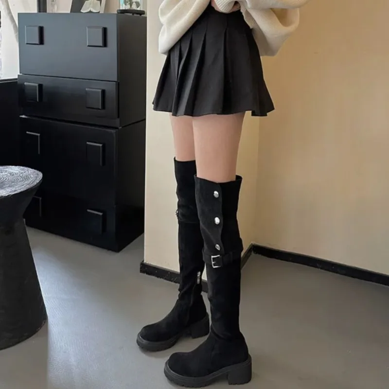 New Knight Boots Women Belt Buckle Winter 6CM Coarse Following Height Increasing Shoes Fashion Flock Brown Two Wear Long Boots