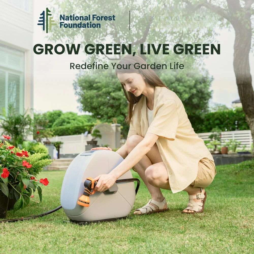Enrouleur de tuyau rétractable 1/2 pouces x 82 pieds, enrouleur de tuyau d'arrosage robuste à montage au sol, rembobinage automatique, avec buse de pulvérisation à 9 fonctions