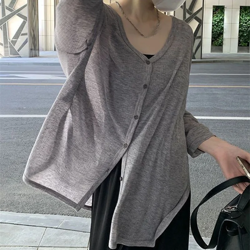 Spring Summer Sun Protection Clothing Solid V-Neck Shirt Women Long Sleeve Single Breasted Cardigan Loose Thin Jacket Coat