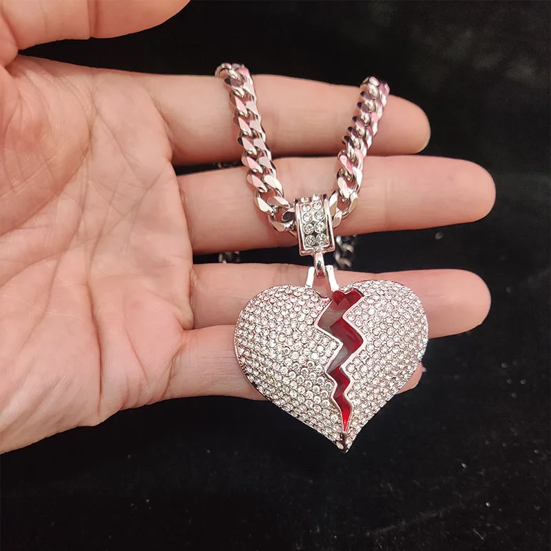 Men Hip Hop Heart Broke Iced Out Bling Pendant Necklace 7mm Width 316L Stainless Steel Chain Necklaces Hiphop Fashion Jewelry