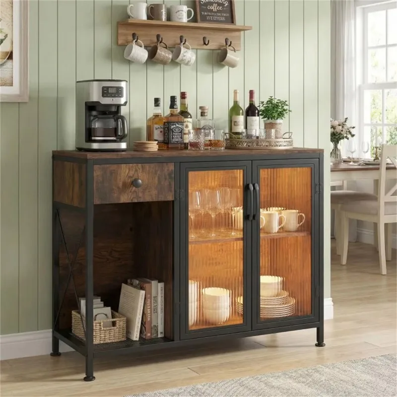 A rustic brown coffee bar table with storage drawers, RGB LED lights, and power outlets, featuring elegant home furniture