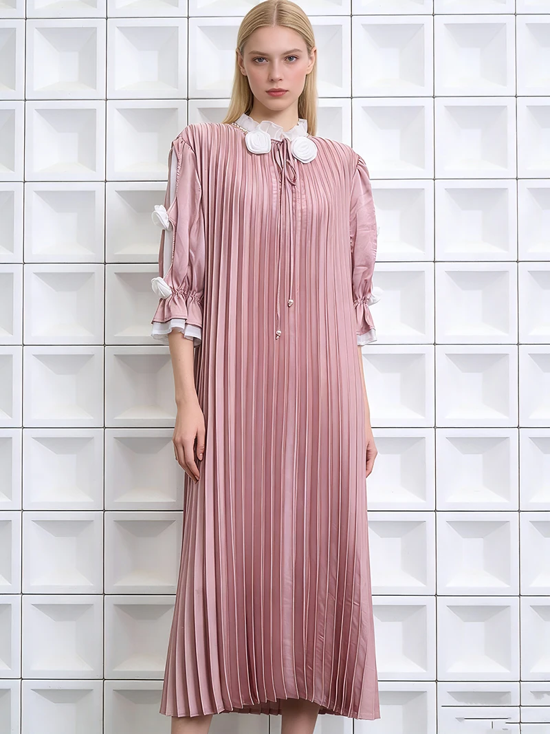 

Retro Chiffon Dress Women Beaded O-Neck Crimping Loose High Quality Splice Color Large Swing Oversize Vintage Pleated Dress