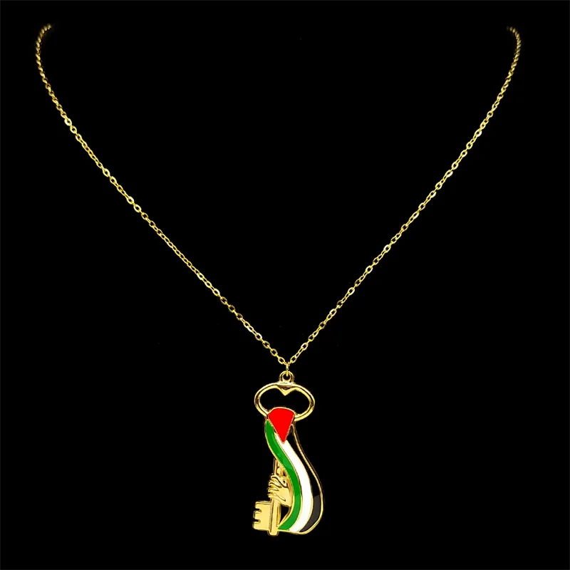 Arabic Palestine Map Flag Key Hand Necklace for Women Men Stainless Steel Enamal Gold Color Chain Jewelry Accessories collar view 5