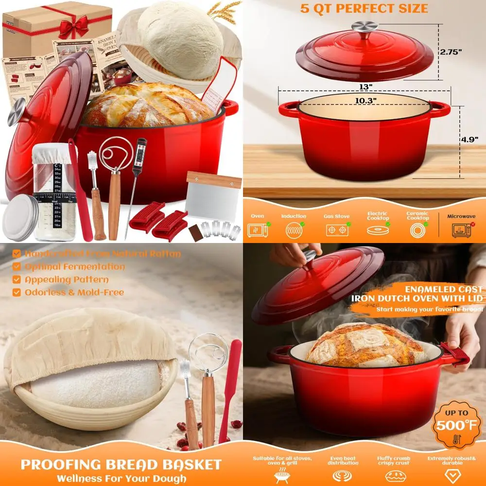 

Enameled Cast Iron Dutch Oven Pot with Lid - Sourdough Bread Baking Supplies Including Banneton and Starter