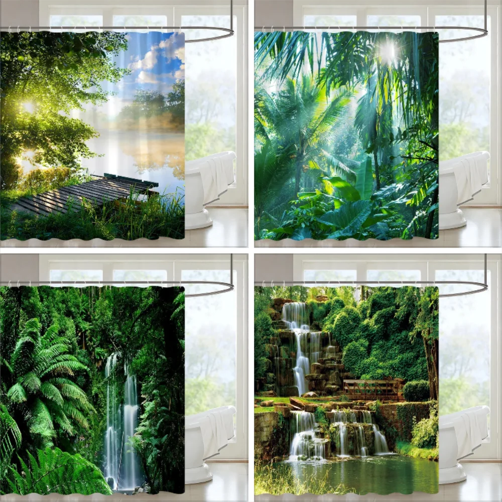 

Занавеска для душа с тропическим лесом, зеленые растения, природный пейзаж, подвесная занавеска из полиэфирной ткани, набор украшений для ванной комнаты с крючками
