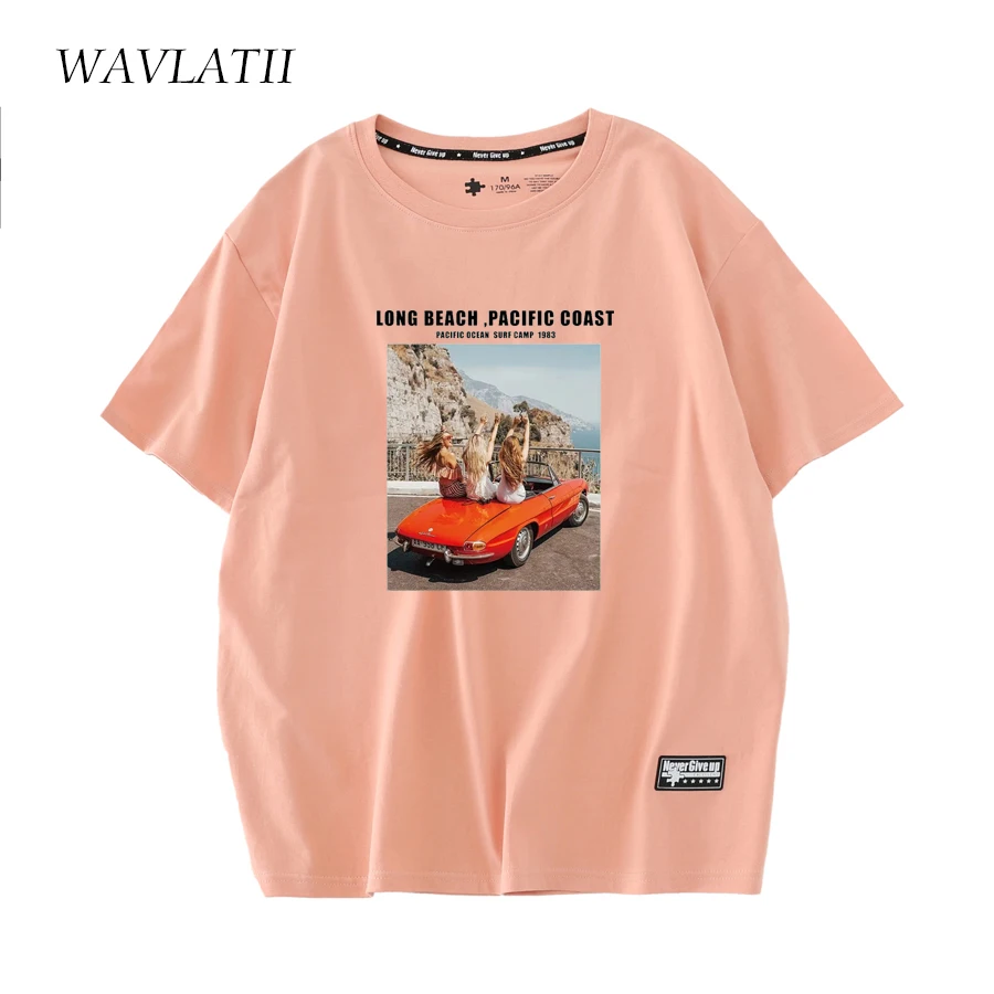 Wavlatii-女性用ピンクのホワイトプリントTシャツ,カジュアルで快適なサマートップ,ストリートウェア,新しいコレクションwt2232