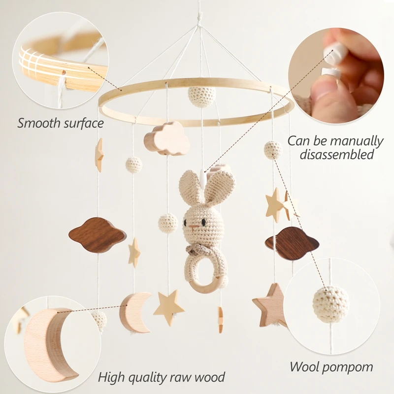 Cloche de lit en bois pour bébé, jouets de hochet de lapin de dessin animé, pendentif CPull, jouets mobiles CPull, cadeaux pour nouveau-nés