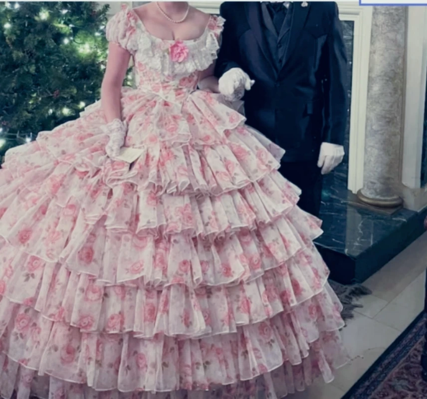 Perfect 1850s Multi Layered Crinoline Wedding Dress Floral Print Chiffon Bridal Ball Gown Vintage Victorian Prom Wear Customized