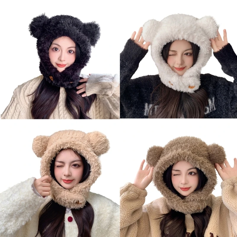 

Cartoon Bear Hat Girls Headgear for Outdoors Furry Camping with Large Furry Ears Winter Beanie for Skiing Camping