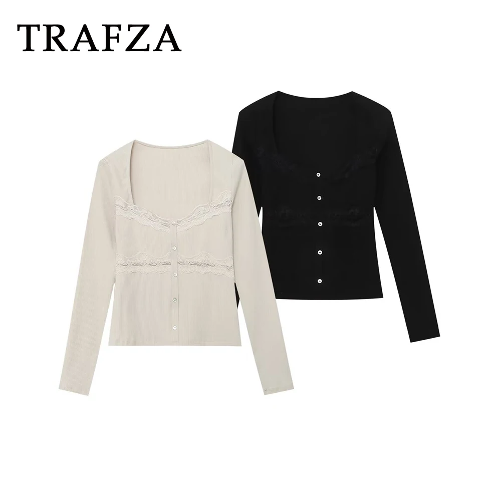 

TRAFZA Chic 2025 Autumn Modern Woman Sheath Knitwear Fashion Button Lace O-Neck Slim Streetwear Elegant Casual Mujer Sweaters