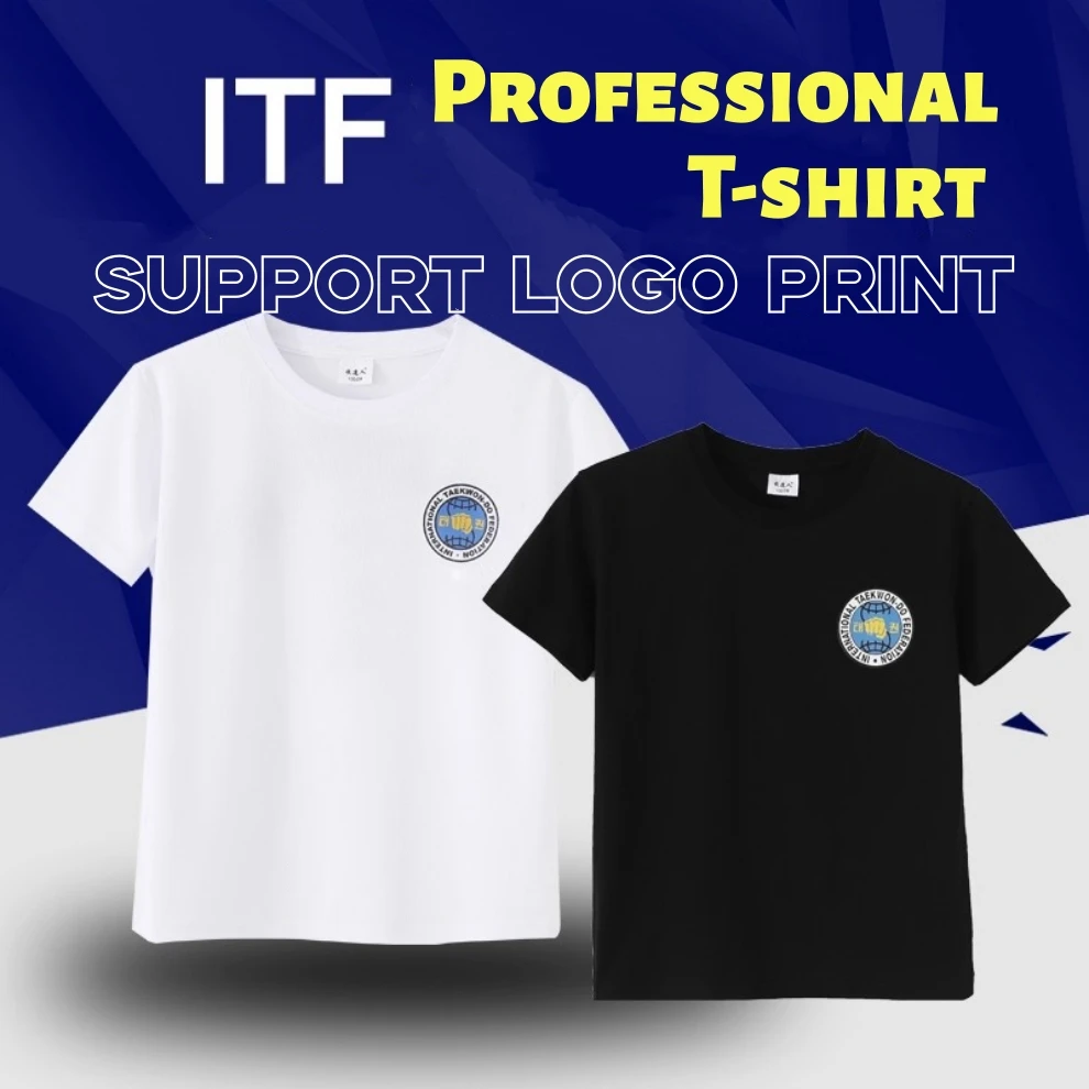 

Футболка ITF Taekwondo WTF с коротким рукавом для детей, взрослых, мужчин и женщин, с круглым вырезом, летняя, крутая, дышащая, быстросохнущая, удобная, с принтом логотипа
