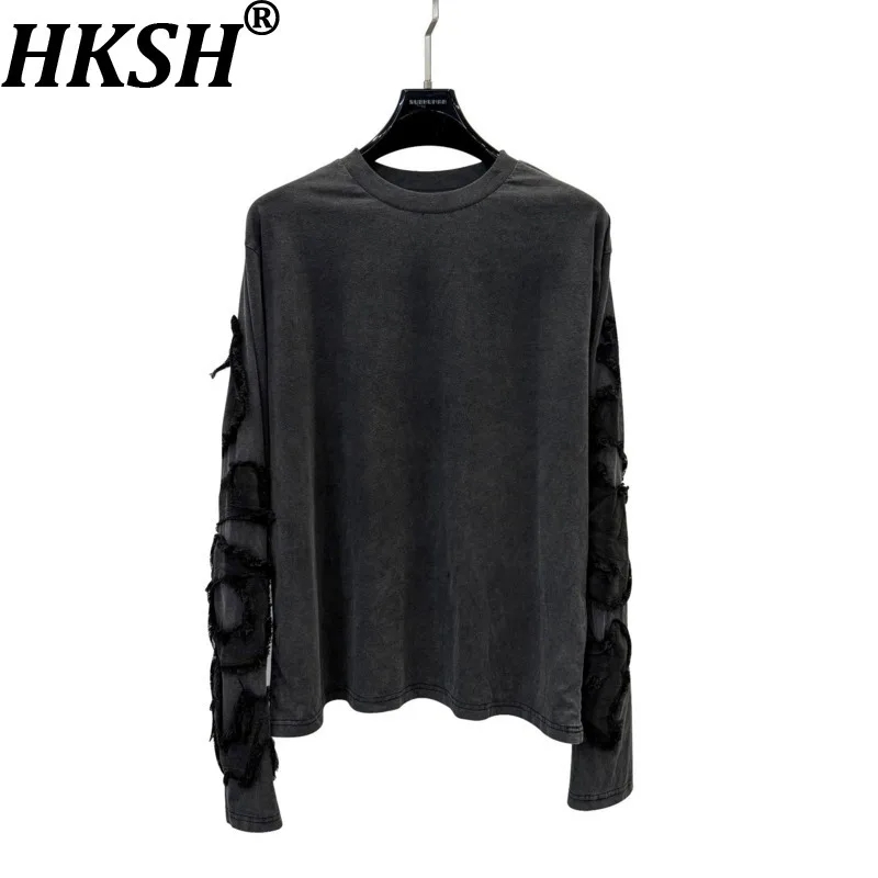 

Футболки HKSH в темном стиле, весна-осень-зима, новые мужские модные хлопковые футболки с вышивкой и нашивками, с длинным рукавом и круглым вырезом, шикарные футболки HK21332