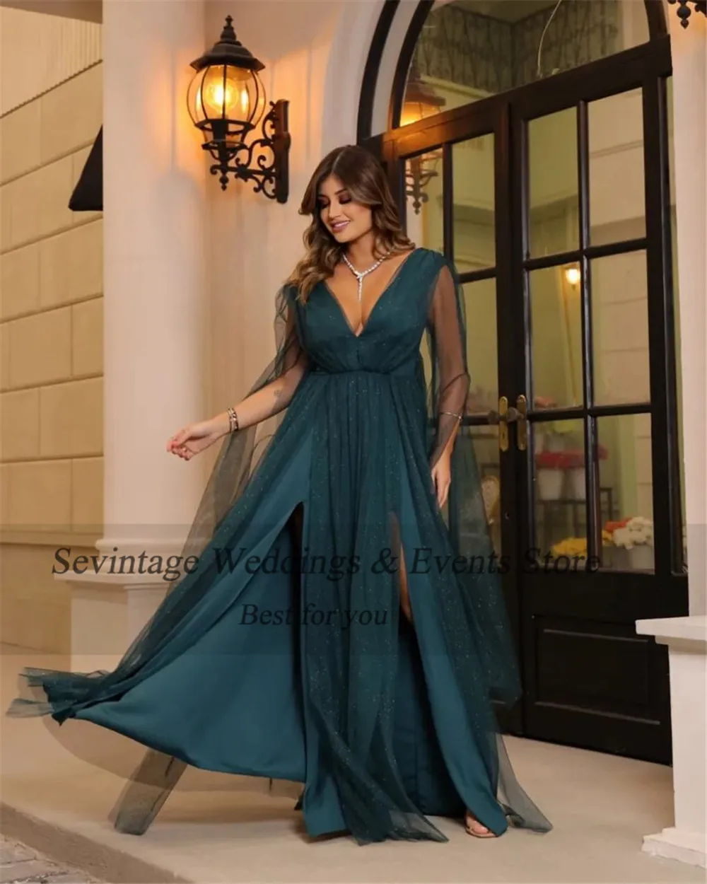 Sevintage Faint Blue Arabic Tulle Evening Dresses V-Neck Pleat Ruched Long Cap Sleeve Side Split Women Prom Dresses for women