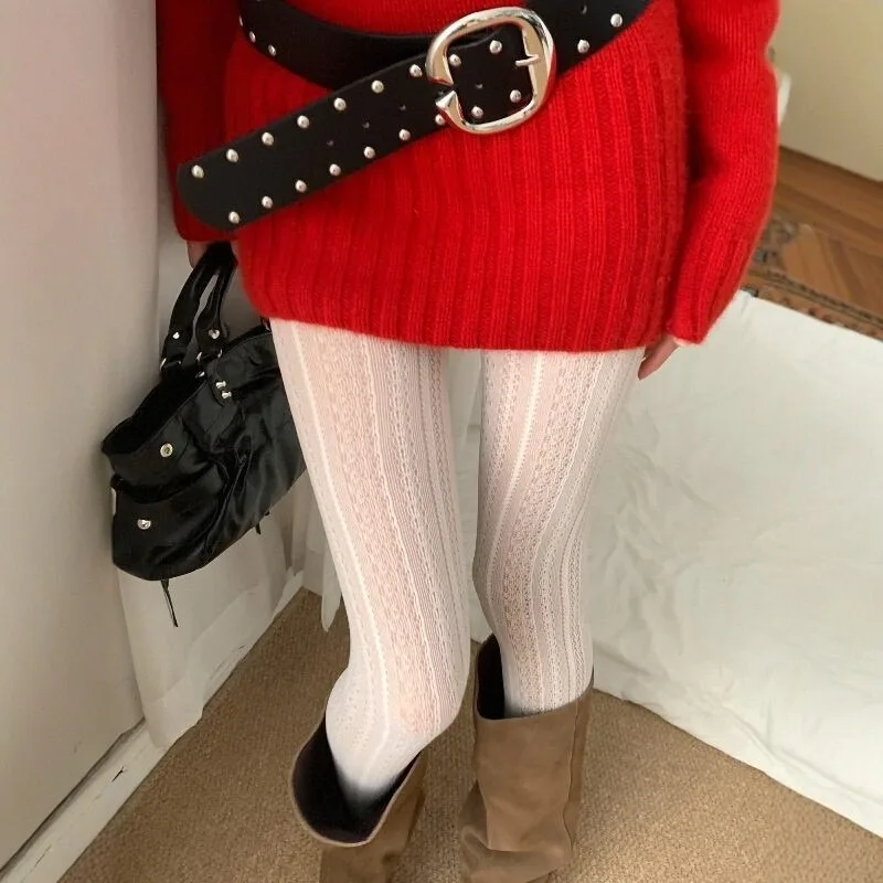 Sexy Lace Knitted Tights Women Girls Spring Summer Hollow Out Striped Stockings Female Solid Lolita Sculpted Mesh Pantyhose