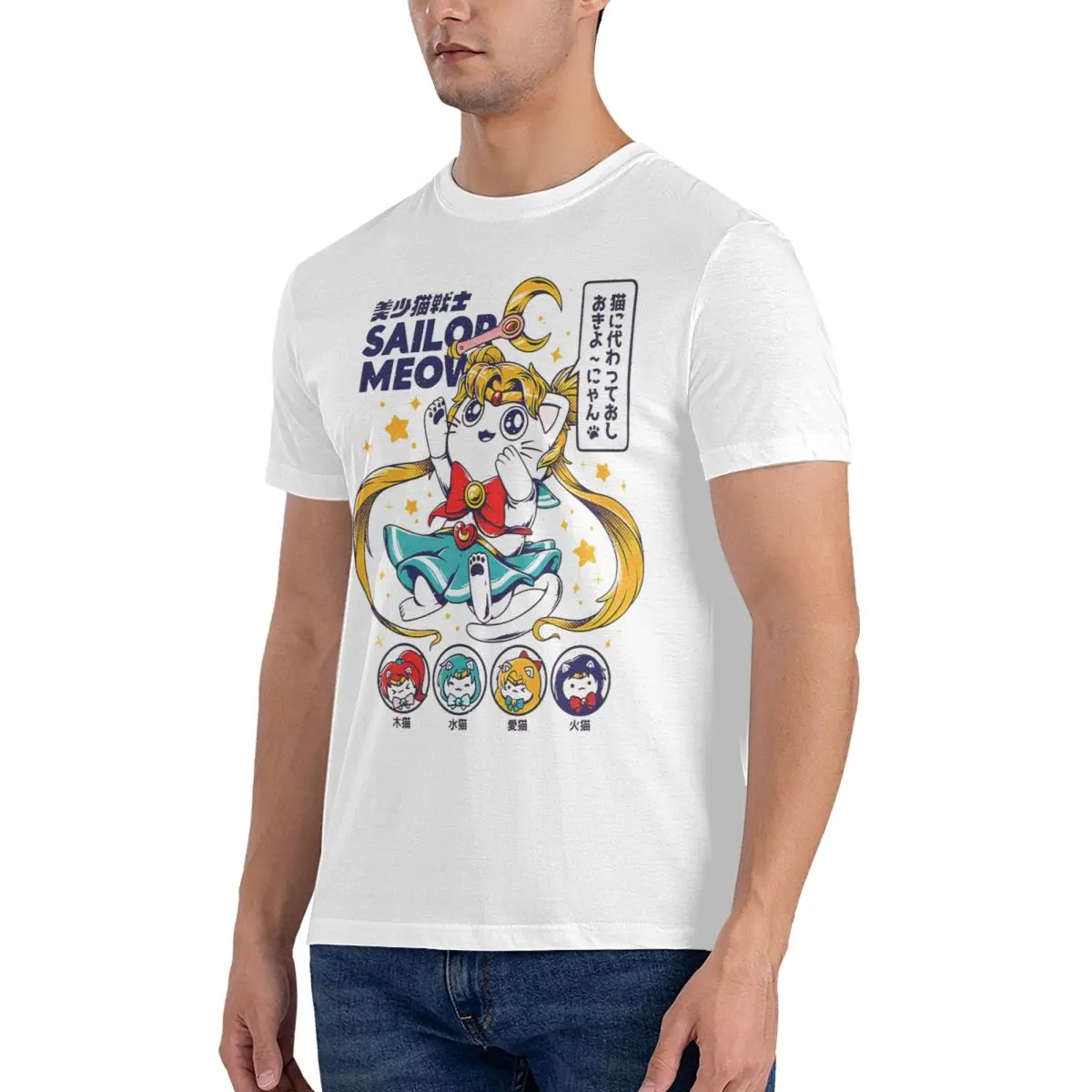 Meow-camiseta masculina de algodão com design sailor moon, gola redonda, manga curta, roupas gráficas