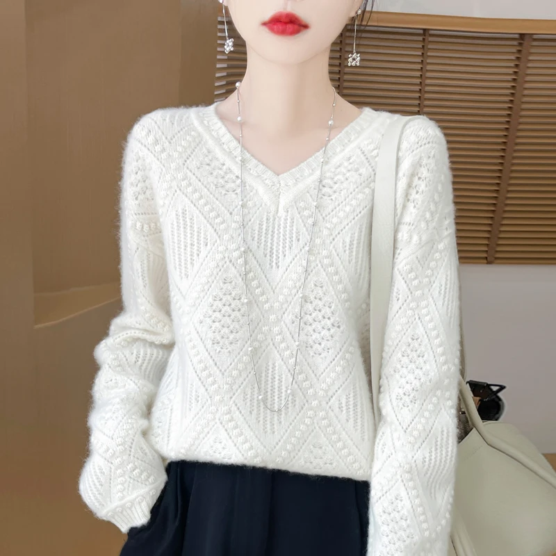 Fall/Winter 2024 new sweater 100% pure wool women\'s V-neck loose sweater long sleeve fashion knit pullover