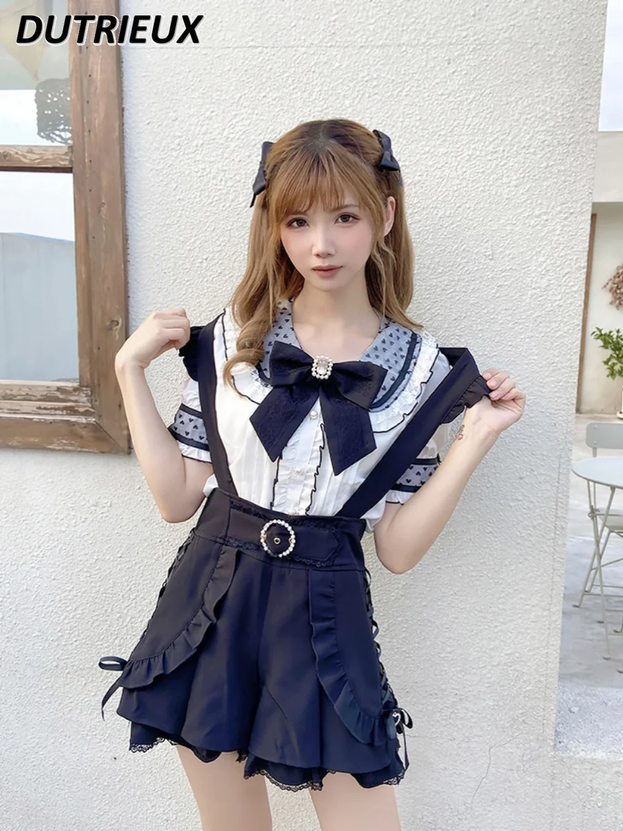 Japanese Style Sweet and Cute Girl Mine Mass- Produced Strap Shorts Solid Color High-waisted Bow Ruffle Overalls Short Pants