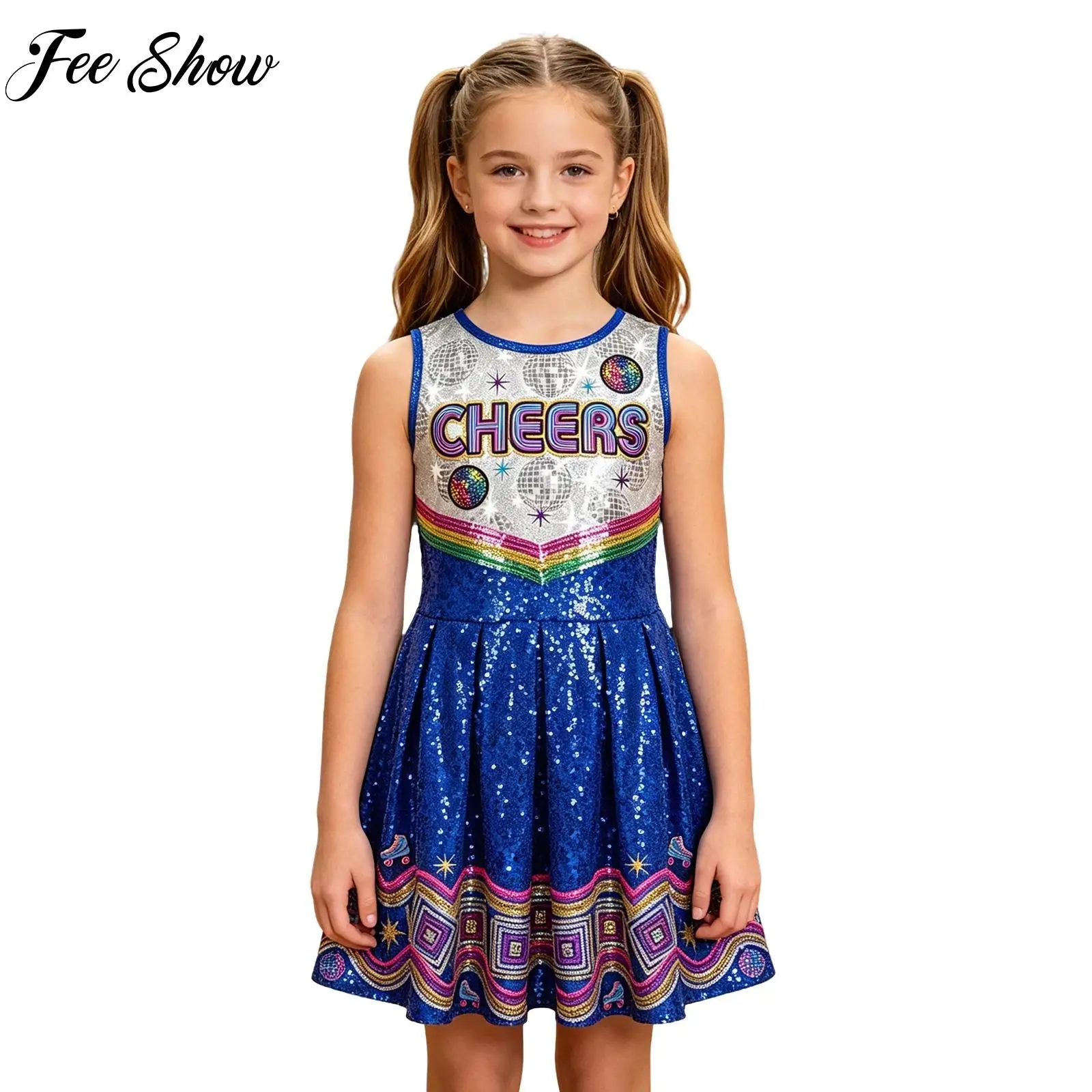 Kid Girls Sequins Cheer Leading Dance Dress Shiny Sleeveless Ruffle Aline Dress Cheer Leader Performance Dress for School Sports