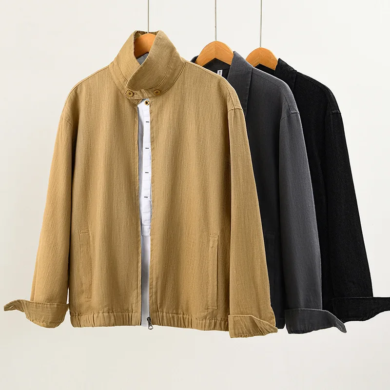 Japanese Vintage Cotton Linen Jacket Men Solid Zipper Loose Jacket Spring Summer Coats for Man Commute Casual New in Outerwears