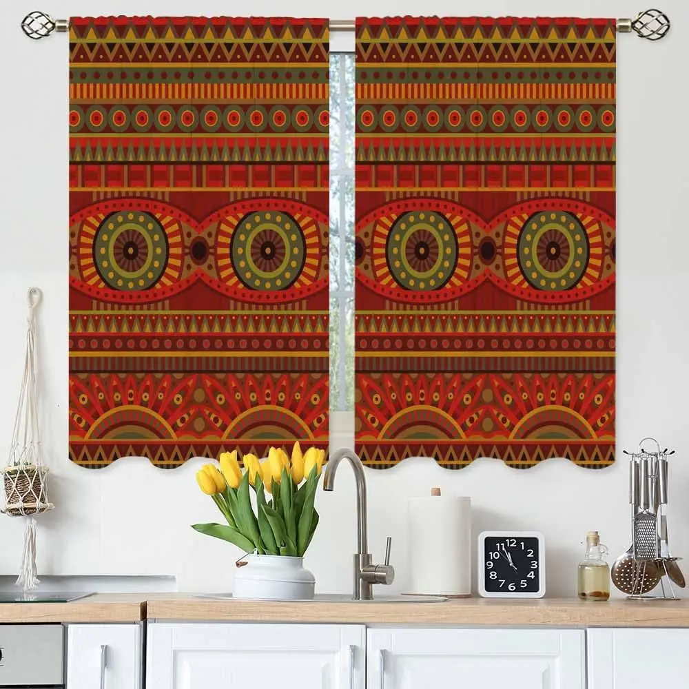 

Tribal Pattern Kitchen Curtains Abstract Ethnic African Stripe Indian Round Pattern Short Tier Curtains for Bathroom Cafe Small