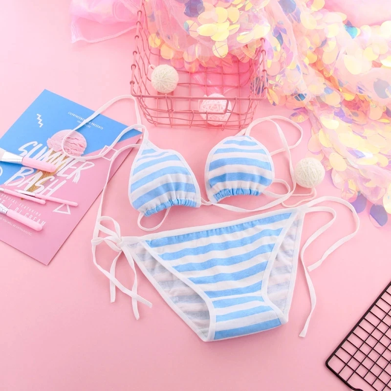 Japan Sexy Lingerie Lolita Kawaii Blue Pink White Striped Mini Bikini Adult Cosplay Women Bra Underwear Set Frenum Swimsuit