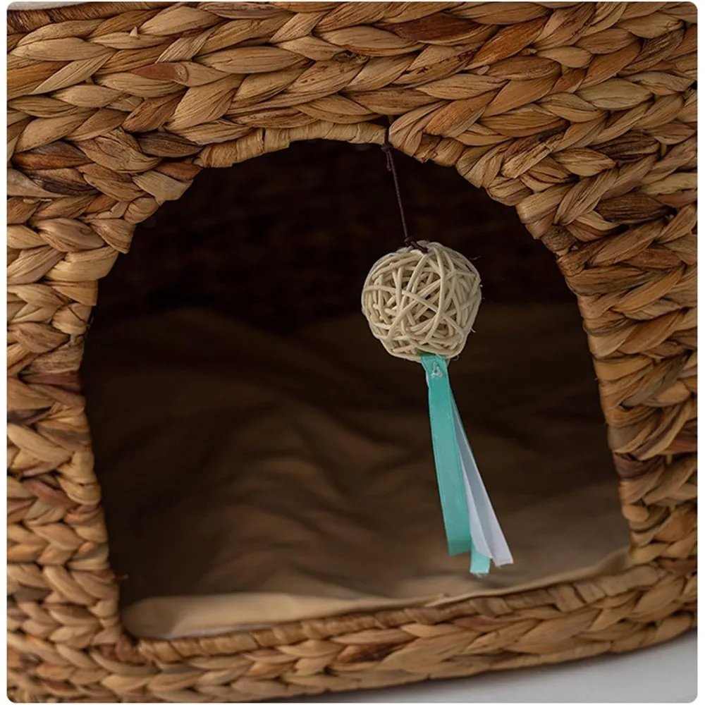 سرير للقطط من الخيزران الطبيعي، سرير كهف للقطط مصنوع يدويًا بطابقين، مثالي للقطط والقطط الداخلية بتصميم مضفر