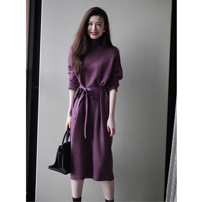 

Female Bottoming Knitted Sweater Dress, High-Necked Lace-up Wool Dress, Long-sleeved, Authentic, Autumn and Winter