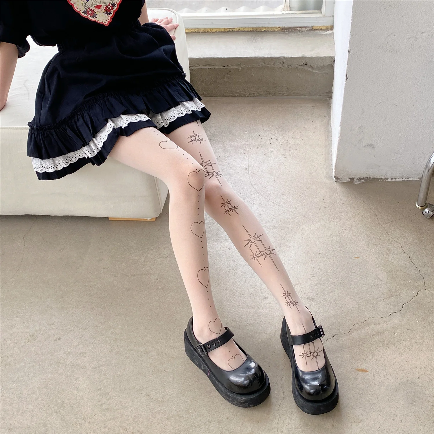 Harajuku Graffiti  Star Love Lolita Pantyhose Women\'s Beauty Skin Long Socks Tattoo Printing White Silk Sexy Stockings