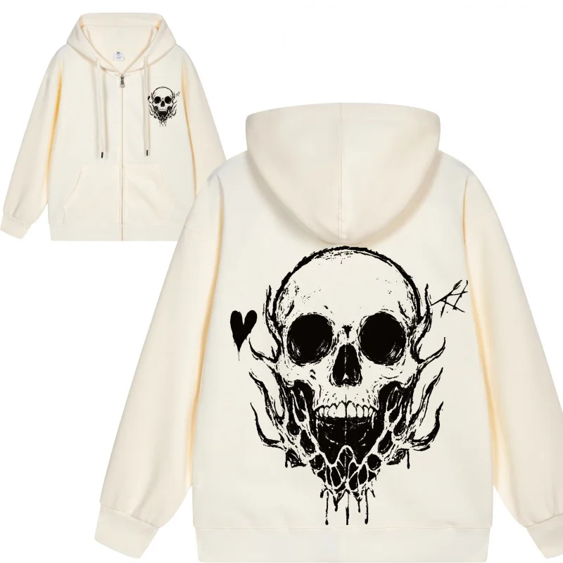 Moletom com capuz masculino com zíper e design de caveira em moletom preto 2025 novo estilo casual para casais casual e solto