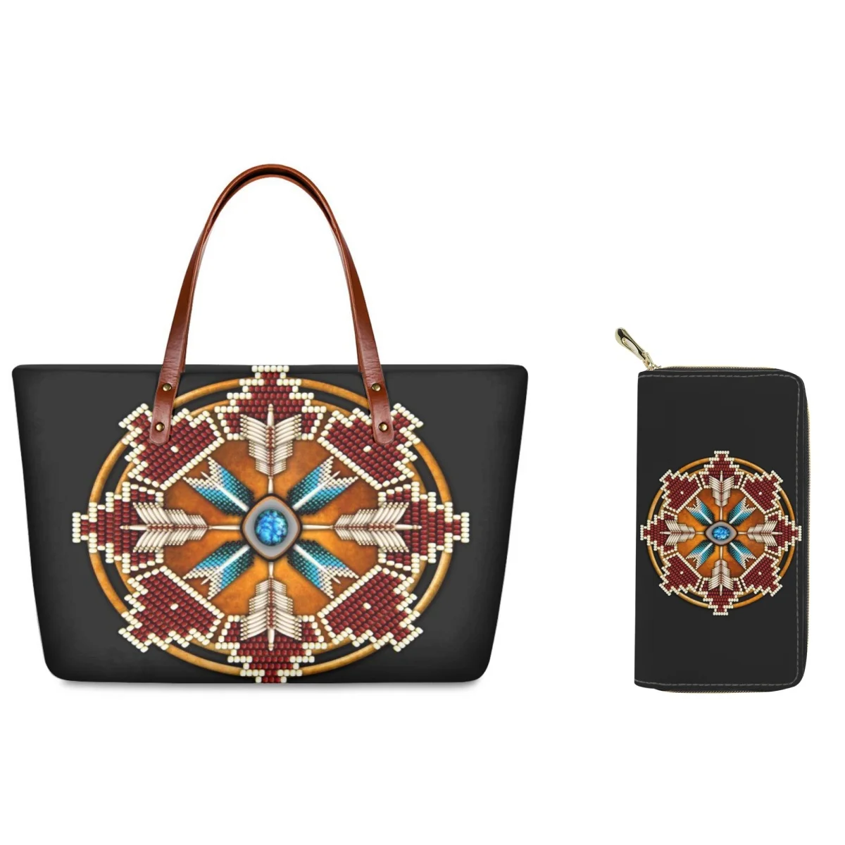 

FORUDESIGNS Combination Bag Ladies American Tribal Feather Tote Bag Women's Round Arrow Ethnic Combination Set Retro Style