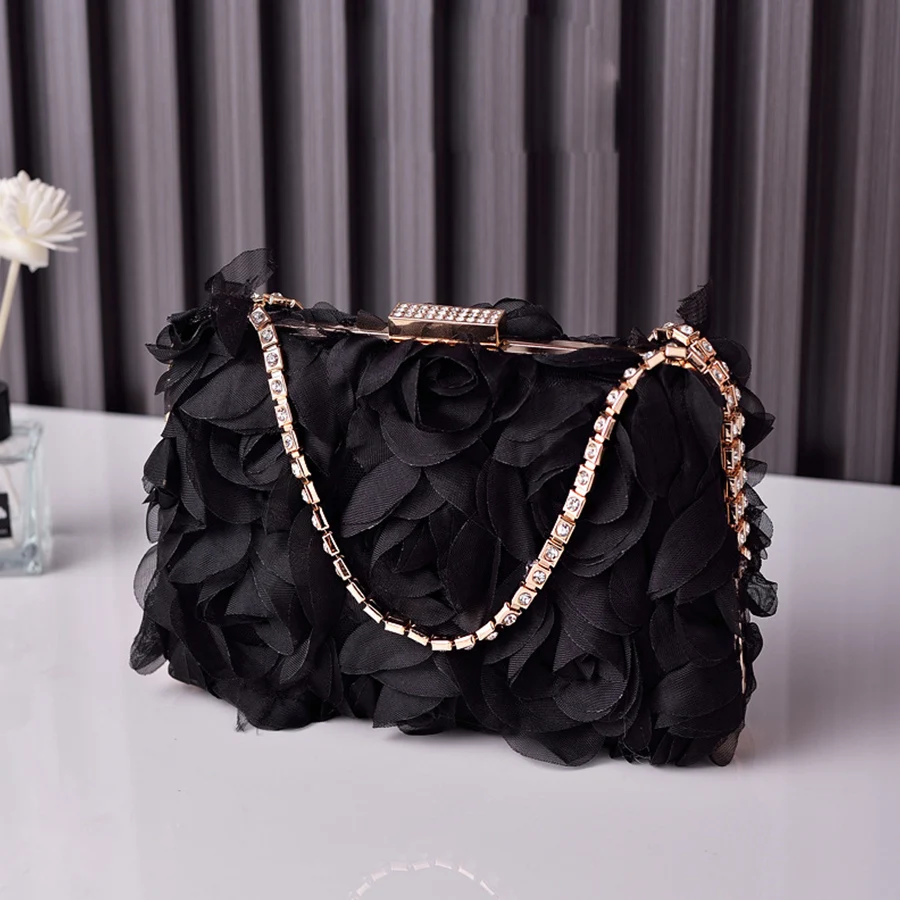 Fashion Box Chiffon Flower Dinner Clip Bag Summer Girl\'s Crystal Chains Small Square Shoulder Bag Flower Wedding Party Handbags