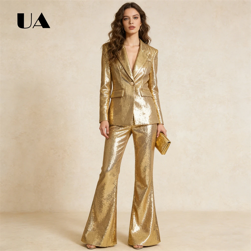 

Women's Gold Sequin 2-Piece Blazer Set Long-Sleeve Single-Breasted Jacket + Flared Pants Sparkly Formal Party Evening Prom Wear