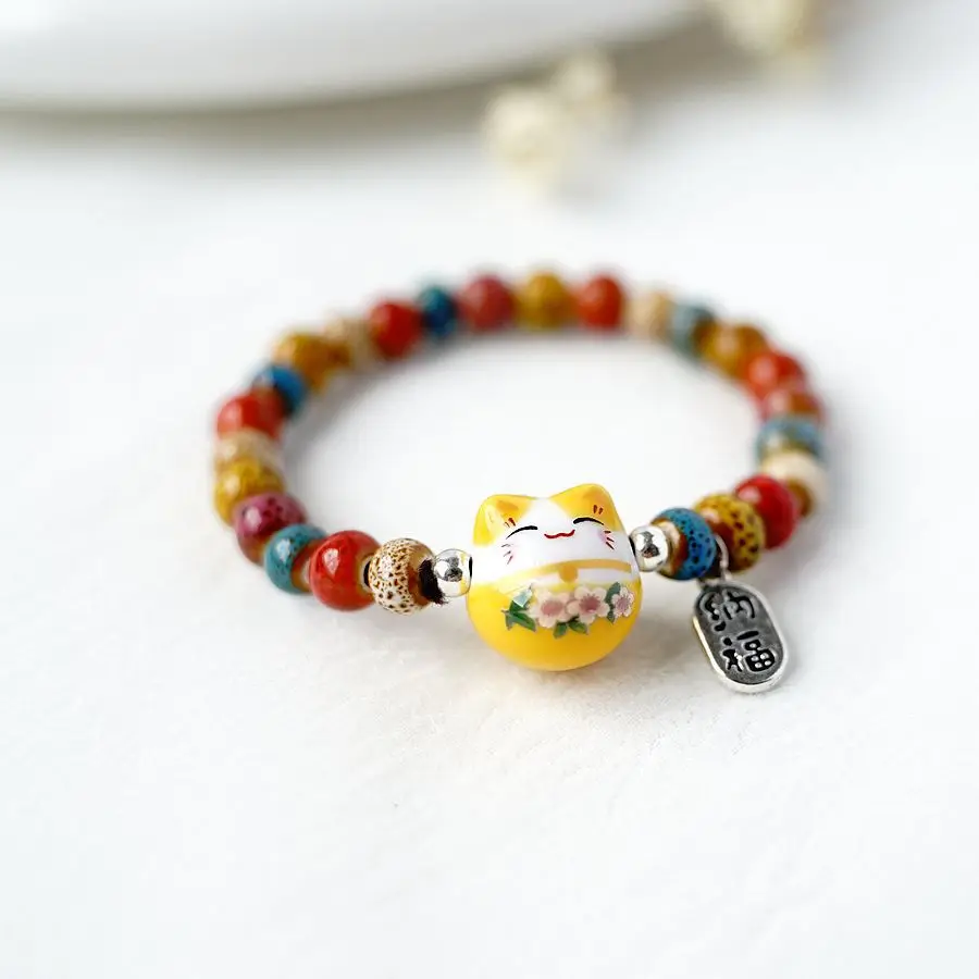 Cute Lucky Cat Bracelet For Girls Adjustable Colorful Beaded Bracelets Ceramics Cat Pendant Charm Bracelets Jewelry Wholesale