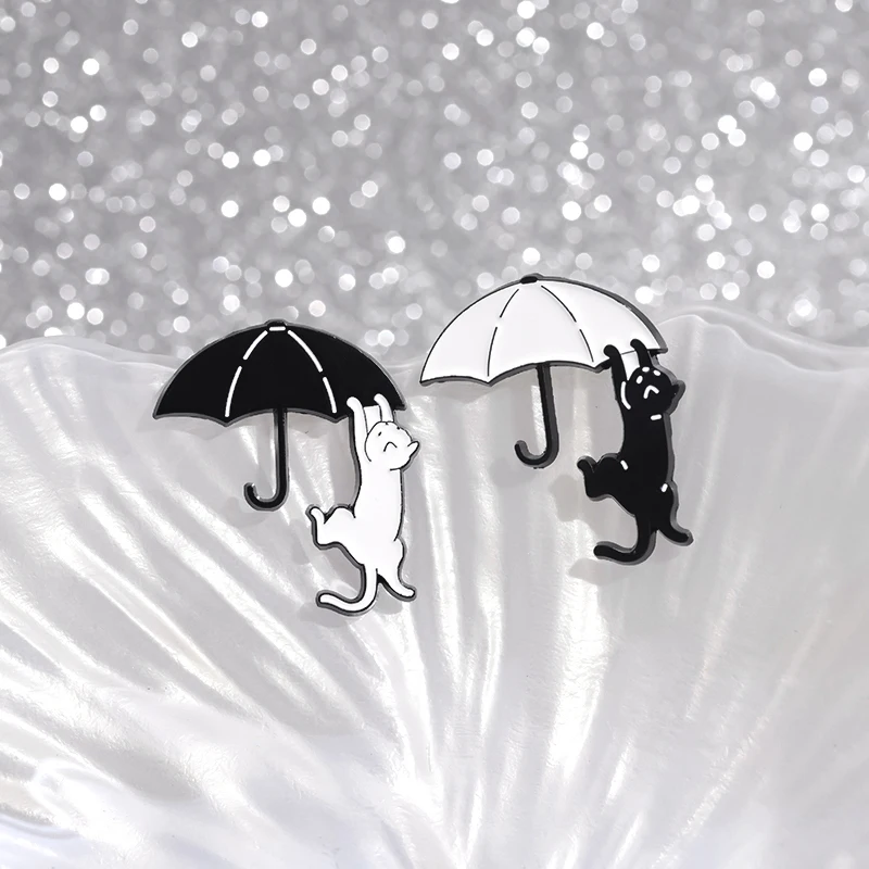 Black Cat Playing umbrella Enamel Pins Cute Cartoon Animal Brooches Lapel Badge Backpack Clothes Jewelry Accessories for Friends