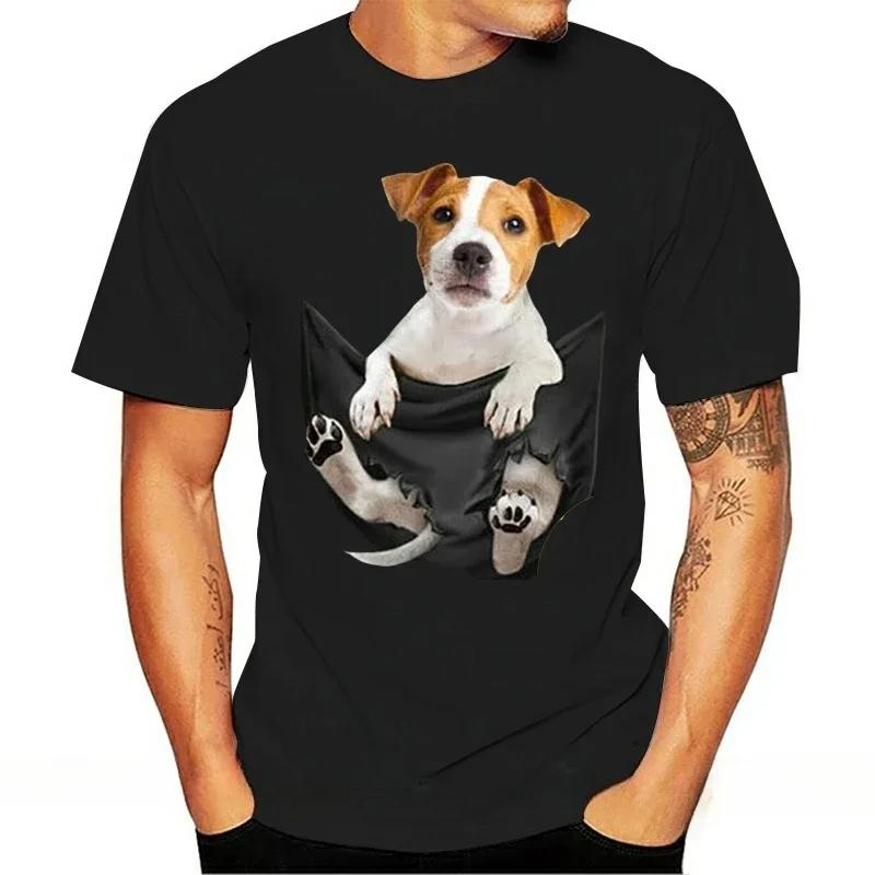 Stylish and comfortable unisex short-sleeved everyday top Jack Russell inside pocket Dog lover print casual crew neck T-shirt